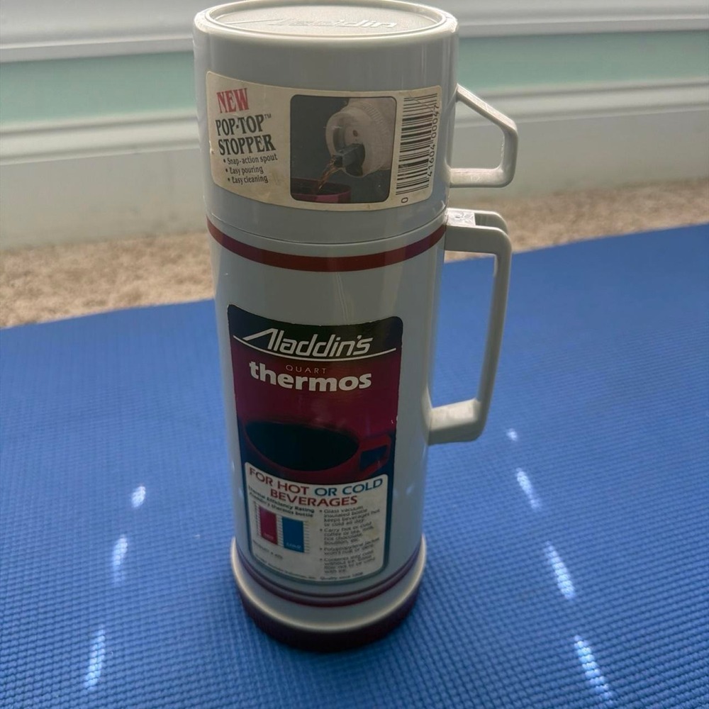 Vintage Aladdin Quart Thermos Gray Burgundy Pop-Top Stopper Vacuum Bottle 470